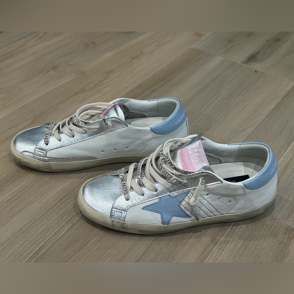 Golden Goose Metallic Silver Sneakers with Blue Star